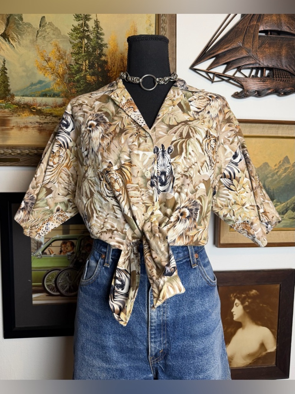 Vintage 1980s Caribou New York Safari Print Button-Up Blouse M-L